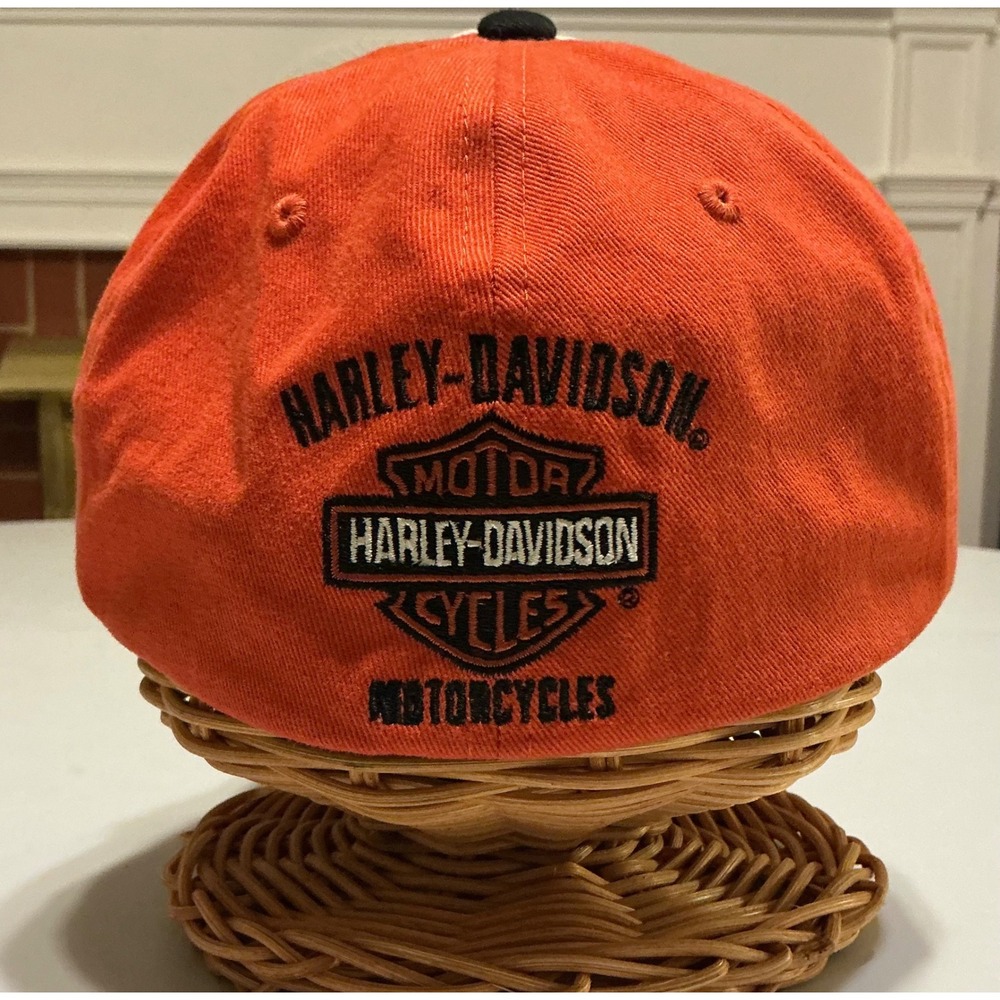 Harley Davidson Embroidered Biker Grunge Baseball Cap Hat Orange Black Mens L - Picture 3 of 7